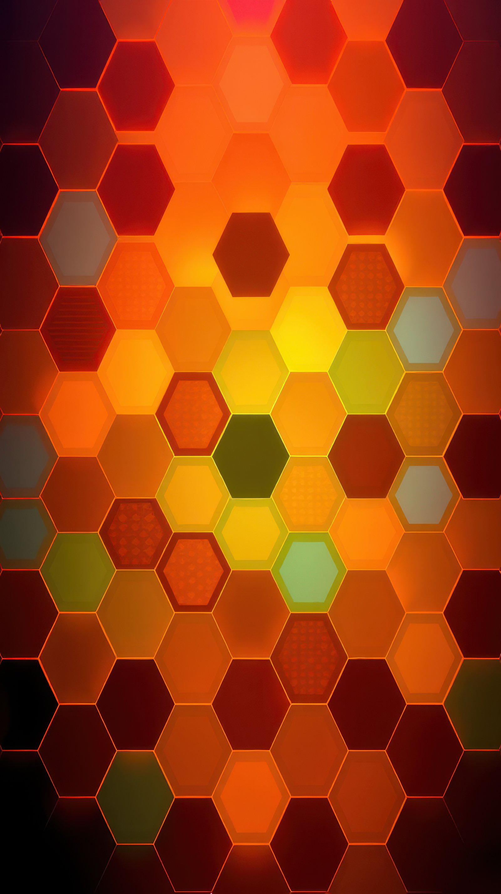 Colorful hexagonal pattern created by interlocking shapes with vibrant shades of orange, yellow and green glowing in artistic presentation